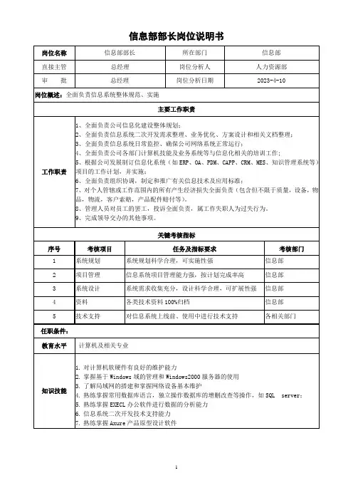 信息部部长岗位说明书