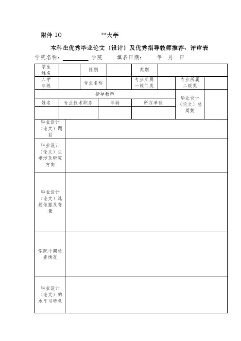 大学本科生优秀毕业论文(设计)及优秀指导教师推荐、评审表【模板】