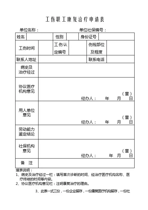 工伤职工康复治疗申请表