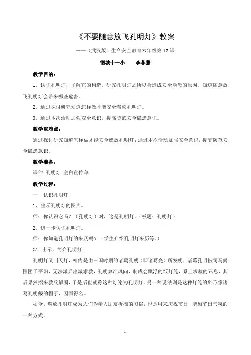《不要随意放飞孔明灯》教案