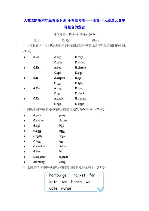 人教PEP版六年级英语下册 小升初专项——语音一 元音及元音字母组合的发音(含答案)