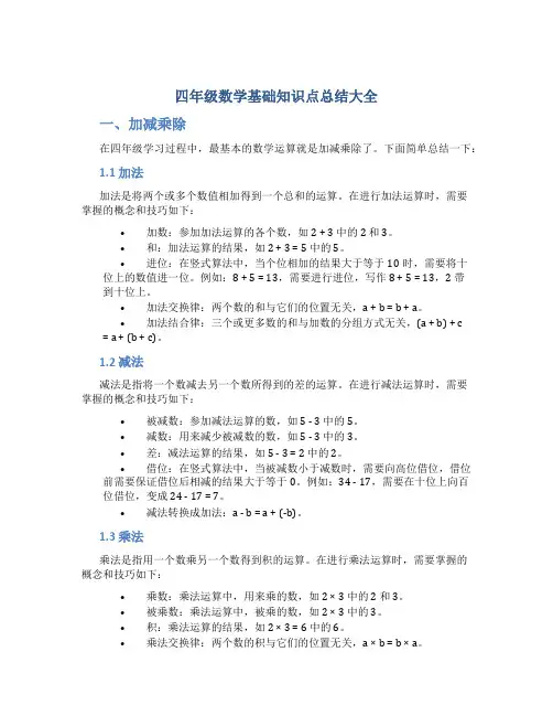 四年级数学基础知识点总结大全