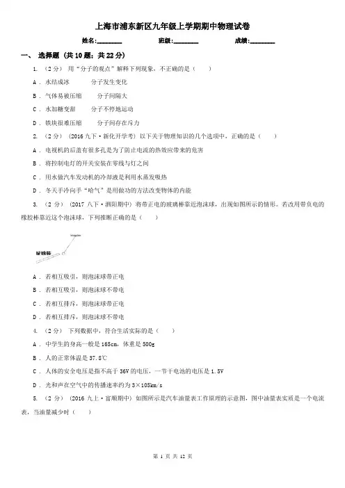 上海市浦东新区九年级上学期期中物理试卷