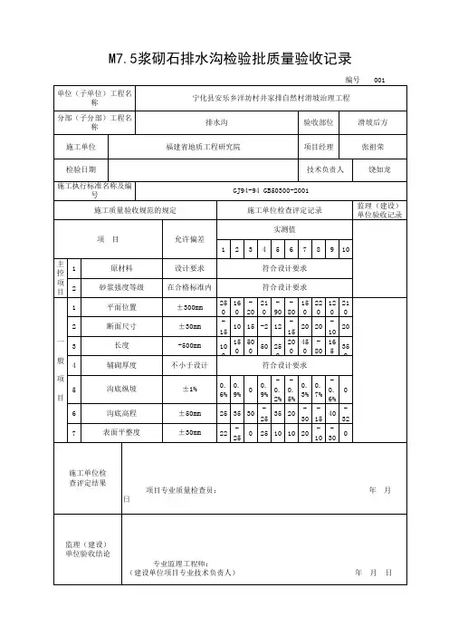 001M7.5M7.5浆砌石排水沟检验批质量验收记录