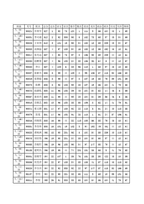 九年级第一次模拟成绩表