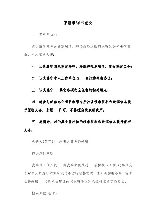 保密承诺书范文（五篇）