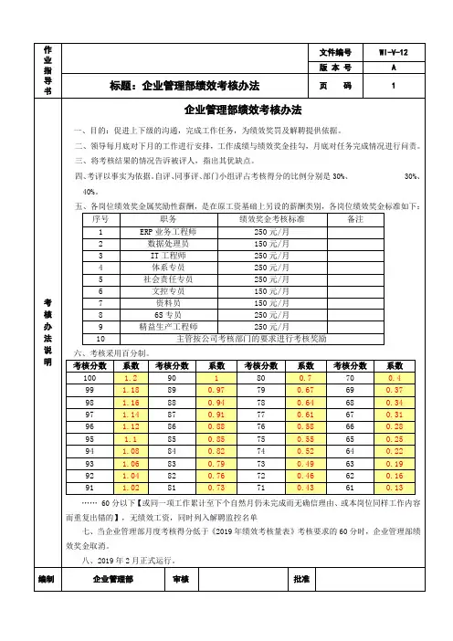 企业管理部部绩效考核办法