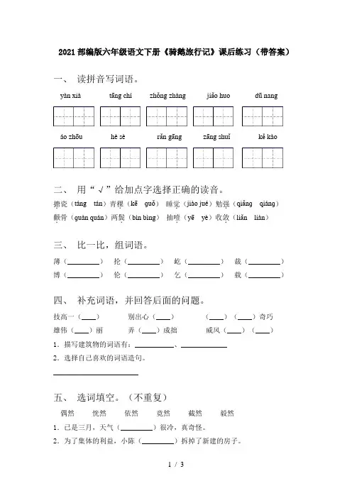 2021部编版六年级语文下册《骑鹅旅行记》课后练习(带答案)