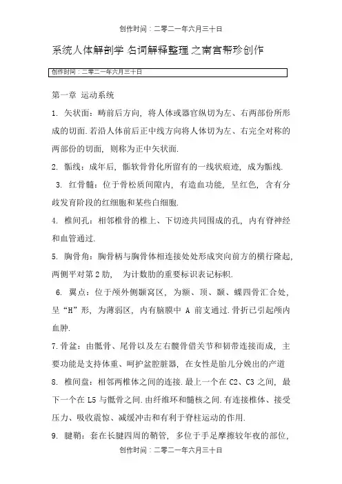 正常人体解剖学 名词解释大全