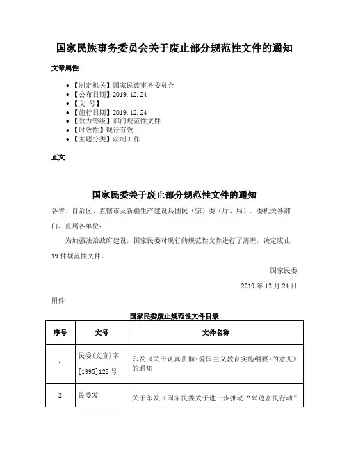 国家民族事务委员会关于废止部分规范性文件的通知