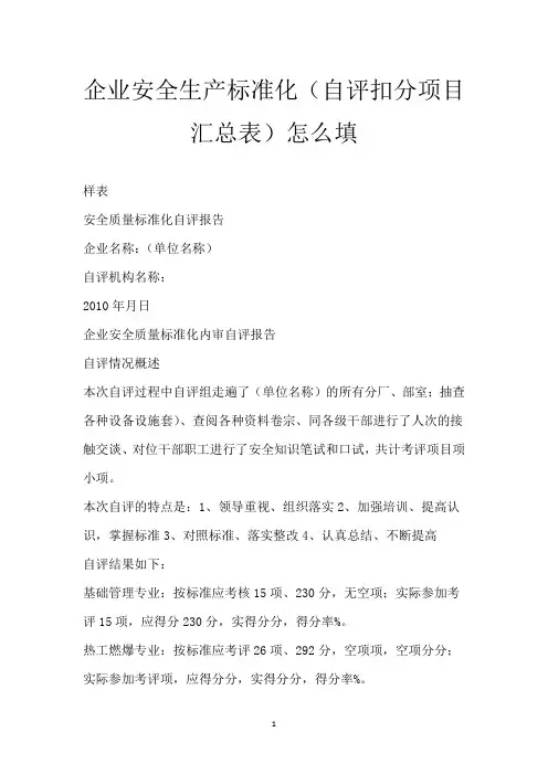 企业安全生产标准化(自评扣分项目汇总表)怎么填