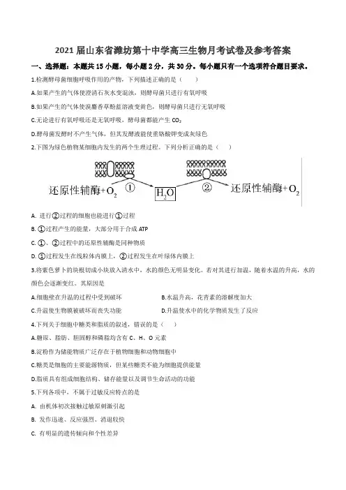 2021届山东省潍坊第十中学高三生物月考试卷及参考答案