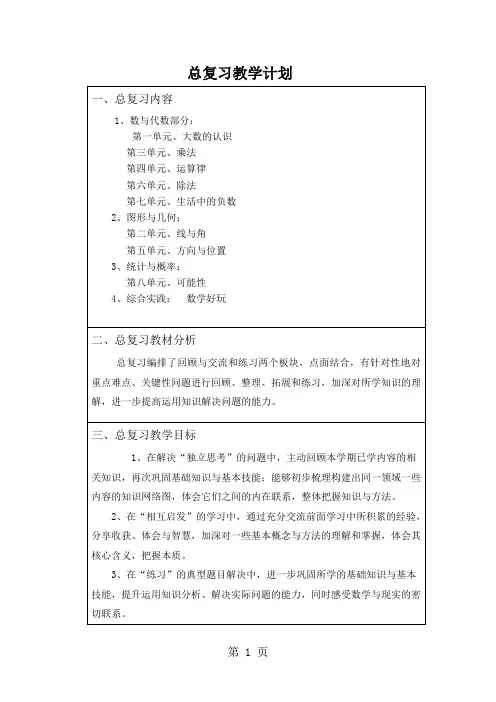 北师大版小学四年级数学上册总复习教案 全册12页word