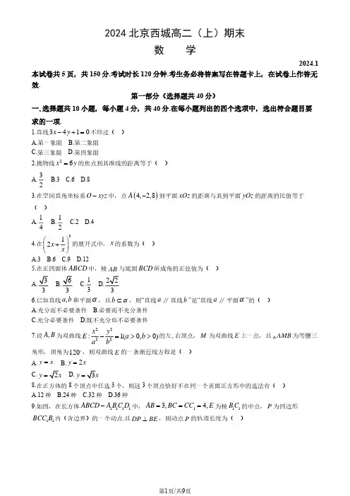 2024北京西城区高二上学期期末数学试题及答案