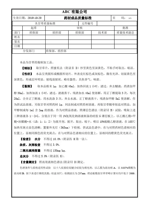 成品药材灸甘草质量标准
