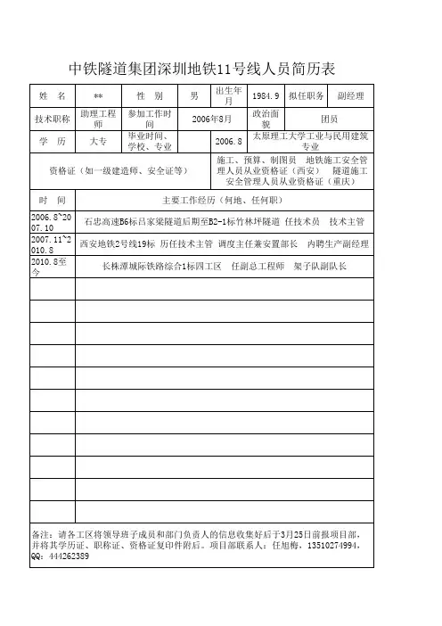 中铁隧道集团深圳地铁11号线人员简历表
