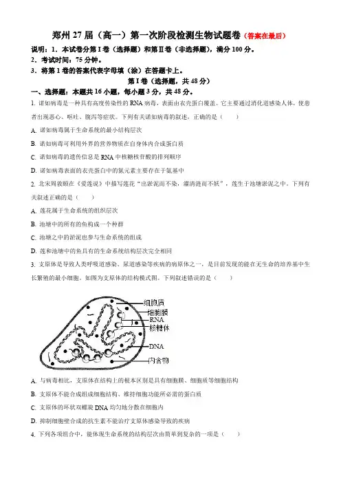 河南省郑州市2024-2025学年高一上学期第一次月考试题 生物含答案