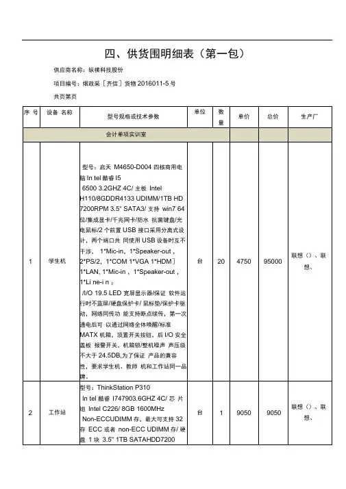 四、供货范围明细表