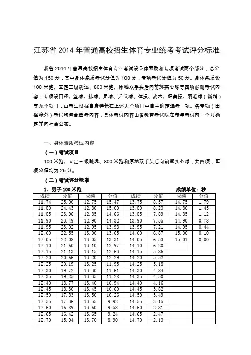 江苏2014年普通高校招生体育专业统考考试评分标准