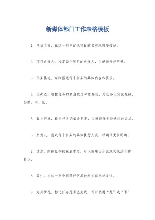 新媒体部门工作表格模板