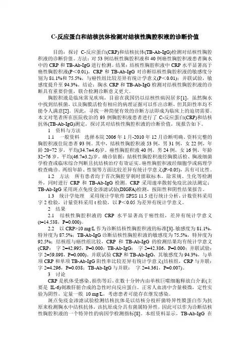 C-反应蛋白和结核抗体检测对结核性胸腔积液的诊断价值
