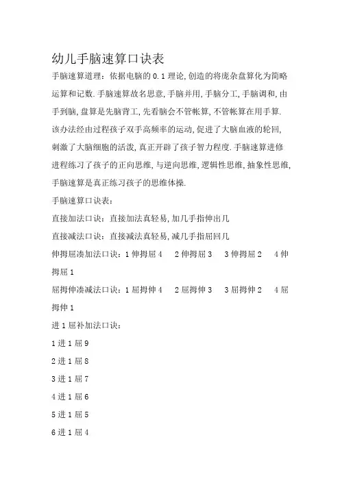 幼儿手脑速算口诀表