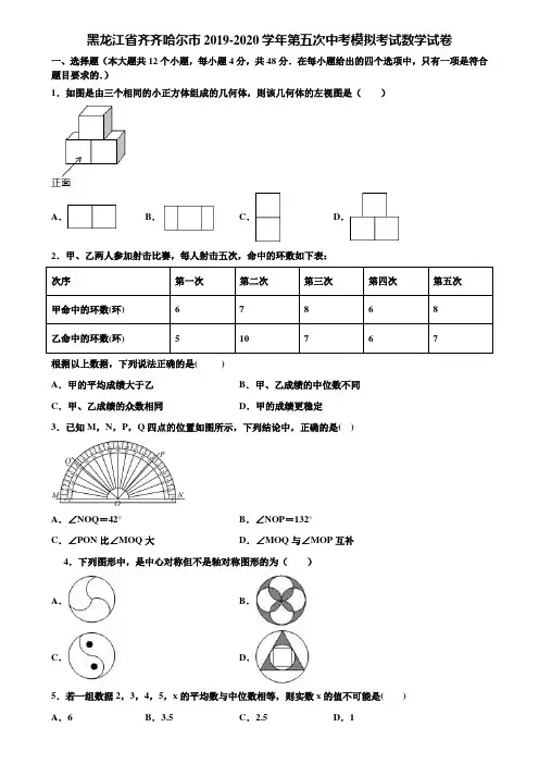 黑龙江省齐齐哈尔市2019-2020学年第五次中考模拟考试数学试卷含解析