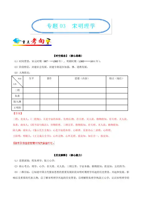 专题03 宋明理学 2019年高考历史精细复习(人教版必修3)Word版含解析
