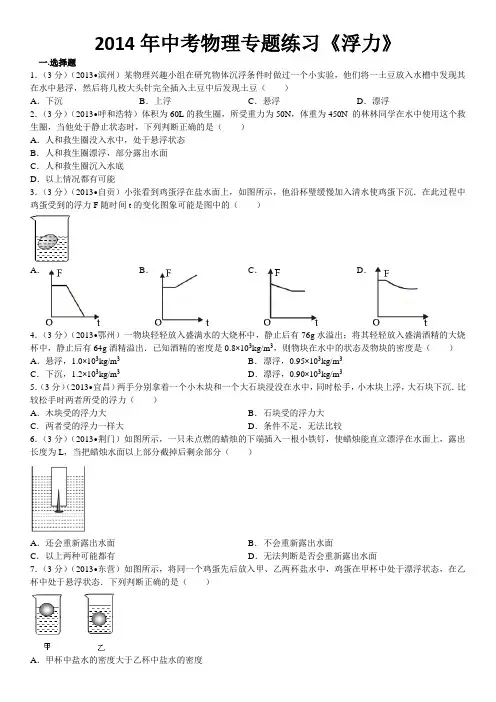 2014年中考物理专题练习《浮力》