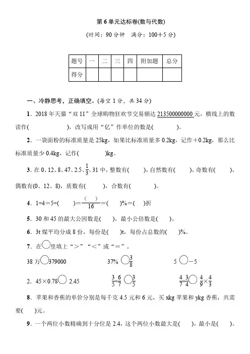 六年级下册数学试卷6整理和复习单元达标卷(数与代数)(含答案)人教版