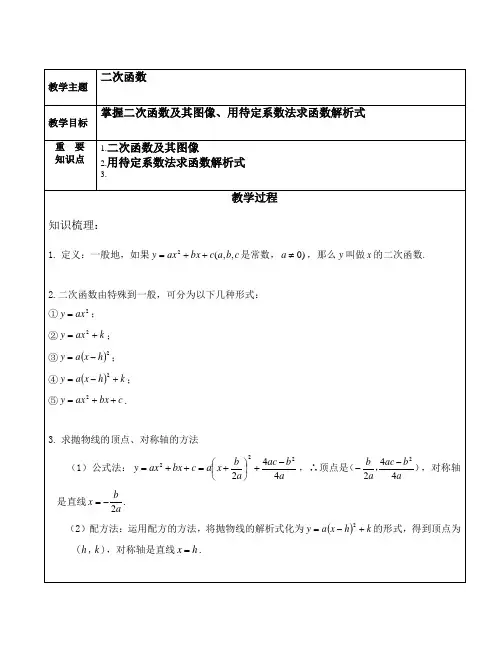 二次函数 图像的性质 求解析式 知识点+例题+练习 (非常好 分类全面)