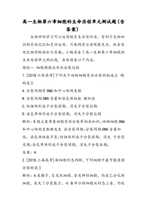 高一生物第六章细胞的生命历程单元测试题(含答案)