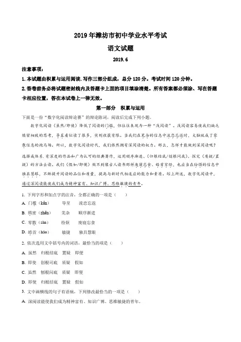 【真题】2019年山东省潍坊市中考语文试题(原卷版)