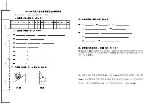 2019年八下期第三次月考物理 - 答卷
