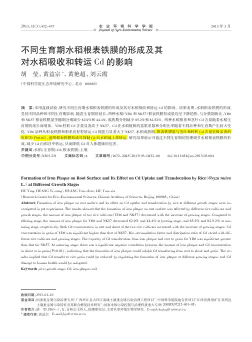 不同生育期水稻根表铁膜的形成及其对水稻吸收和转运Cd的影响_胡莹