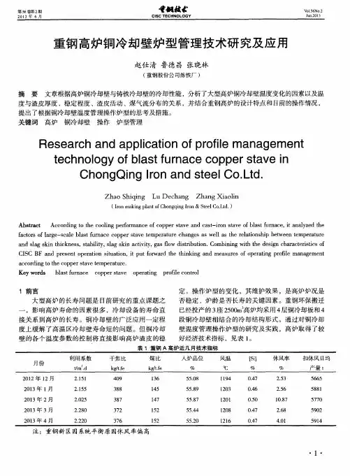 重钢高炉铜冷却壁炉型管理技术研究及应用