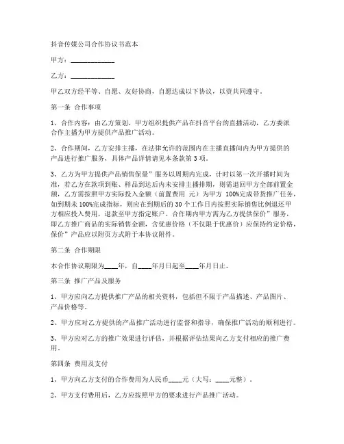 抖音传媒公司合作协议书范本