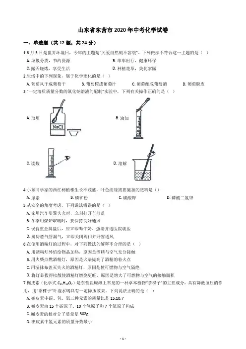 山东省东营市2020年中考化学试卷(含答案解析)