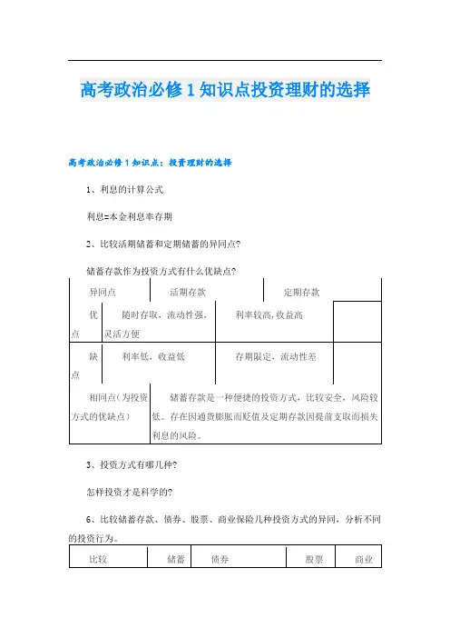 高考政治必修1知识点投资理财的选择