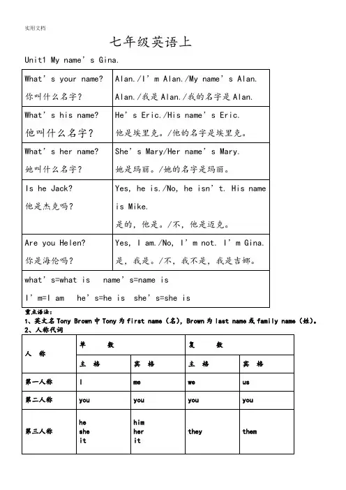 人教版七年级英语上个单元重点语法归纳总结材料