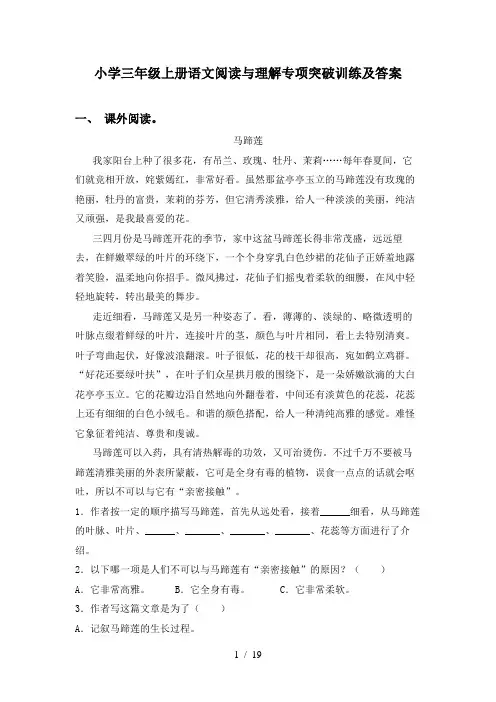 小学三年级上册语文阅读与理解专项突破训练及答案