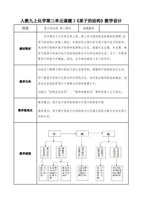 人教九上化学第三单元课题2《原子的结构》教学设计
