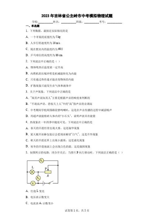 【中考冲刺】2023年吉林省公主岭市中考模拟物理试卷(附答案)