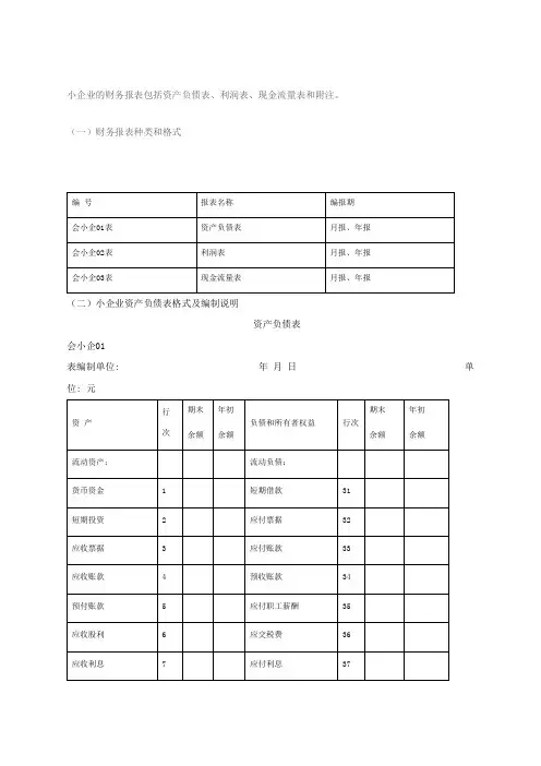 小企业财务报表 版 及填表说明 