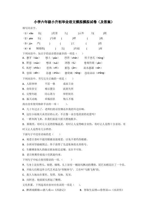 小学六年级小升初毕业语文模拟模拟试卷(及答案)