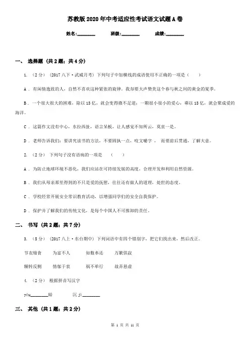 苏教版2020年中考适应性考试语文试题A卷