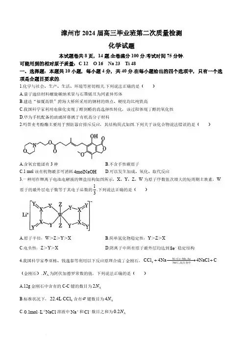 2024届福建省漳州市高三第二次质量检测化学试题及答案