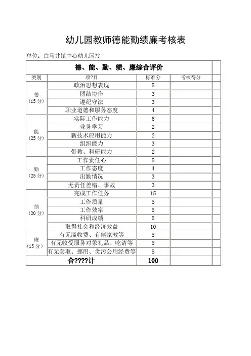 中小学教师德能勤绩廉考核表