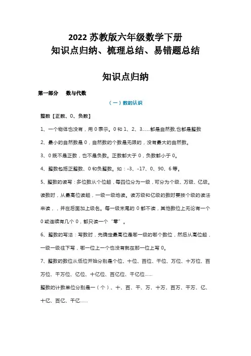 2022苏教版六年级数学下册知识点梳理总结、易错题归纳