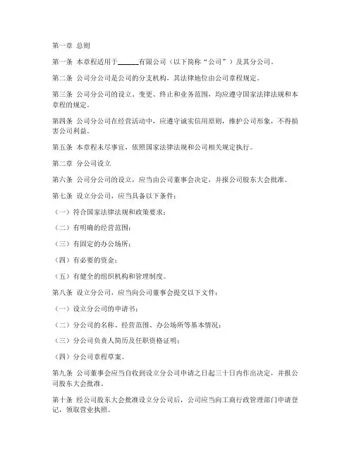 成立分公司的公司章程模板